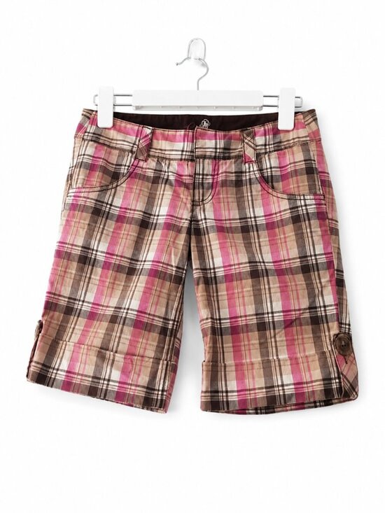 Guess Pants - Guess Pink Brown Plaid Low Rise Stretch Bermuda Cargo Button Tab Shorts Y2K 24